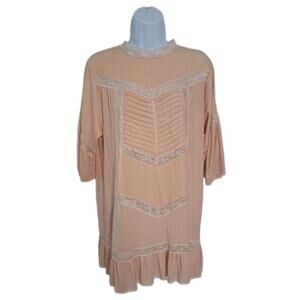POL Lace Detail Top Tunic Sz S Oversized Jersey Ribbed Peach Boho Cottagecare